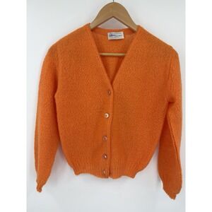 Vtg LeRoy Knitwear California Mohair Wool Blend V Neck Orange Cardigan Sweater
